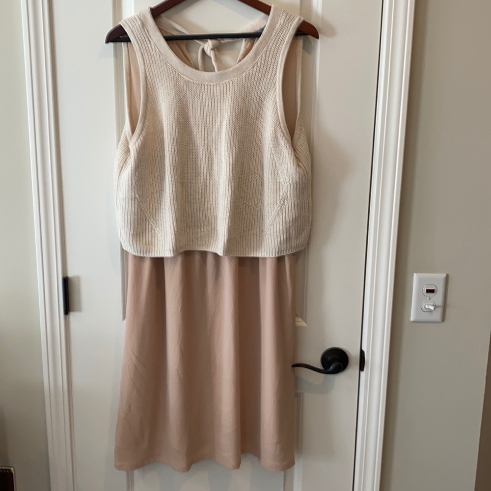 Nude crepe dress with cotton knit overlay sweater